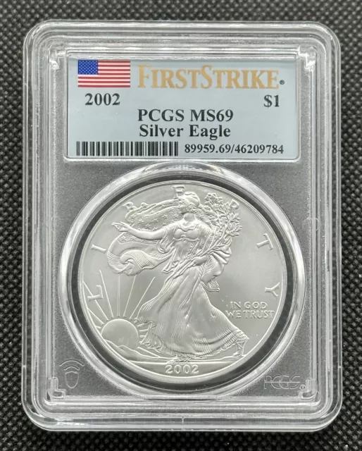 2002 $1 American 1oz 999 Fine Silver Eagle Type-1 F-S PCGS MS69 graded coin