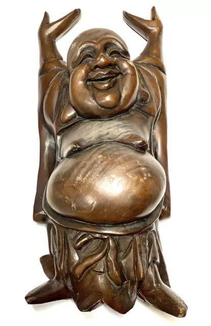 Antique Carved Rosewood 16" Happy Laughing Free Standing Hands Up Buddha Statue