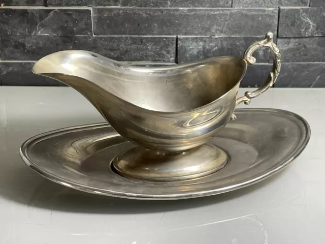 Vintage Style English Silver Plated Gravy Sauce Boat With Tray