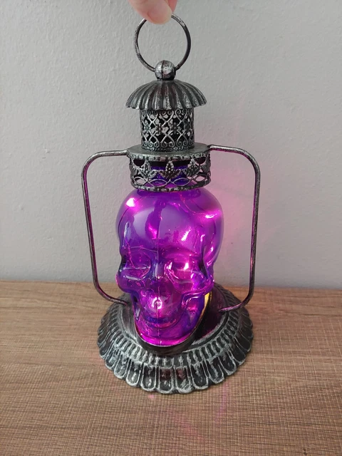 Artisan Purple Glass Skull Metal Lantern Halloween Gothic Light Up 9" Prop