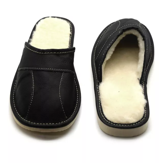 MENS GENTS BLACK Wool Leather Slippers Slip On Shoes 6 7 8 9 10 11