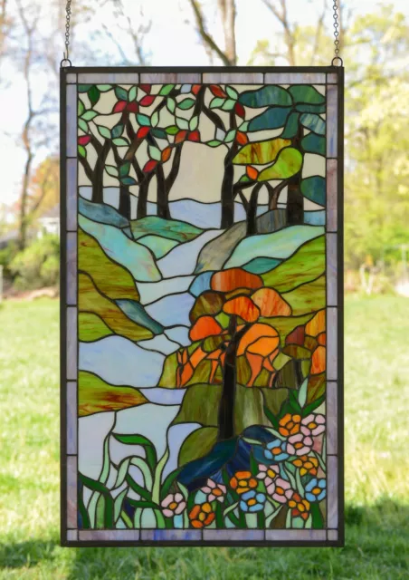 20.5" x 34.75" Handcrafted stained glass window panel Deer Drinking Water