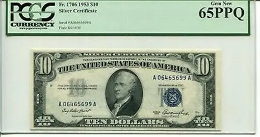 FR 1706 1953 $10 Silver Certificate 65 PPQ GEM NEW