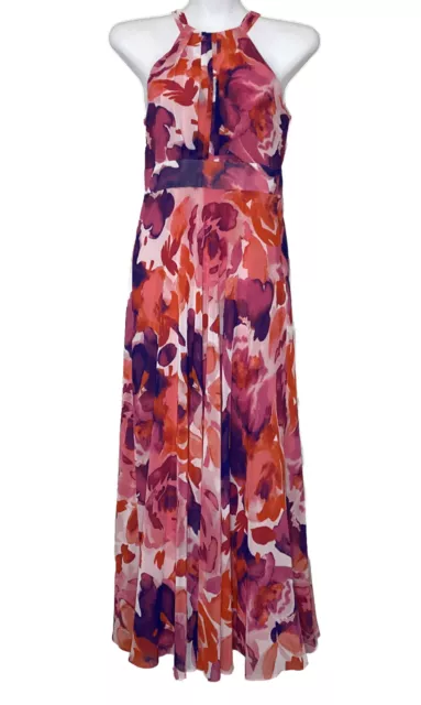 Eliza J Halter Maxi Dress Size 4P Pink Purple Floral Chiffon Tie Neck Side Zip