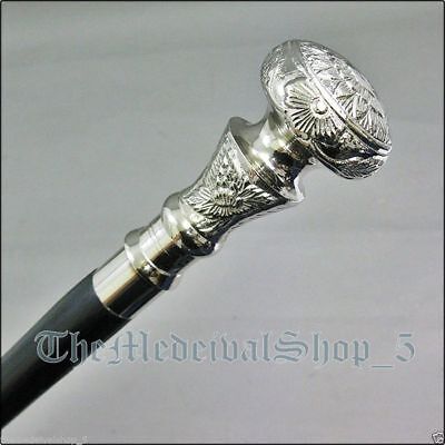 Collectible Polished Brass Ornate Compass Handle Hardwood Walking Stick Cane