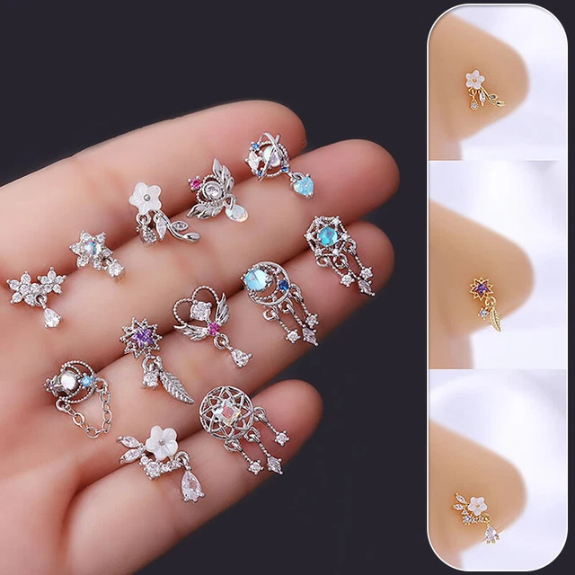 Gold Silver Nose Stud Piercing Thin Ear Pin Ring Bone End L shape Gem Jewellery