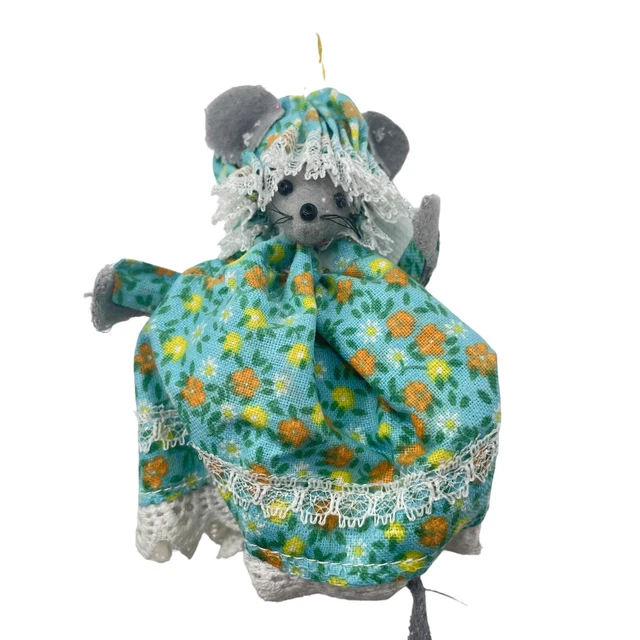 Vintage Handmade Christmas Ornament Little Grey Mouse Felt Cardboard Dress