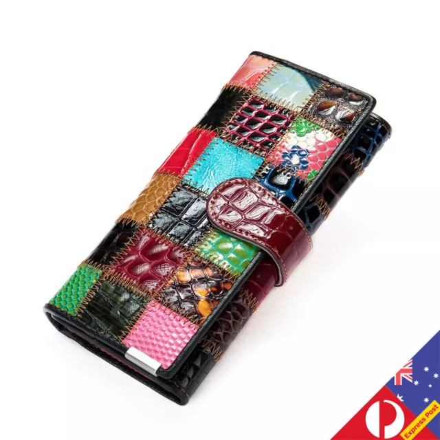 Women's Genuine Patent Leather Phone Wallet Patchwork Clutch Long Wallet