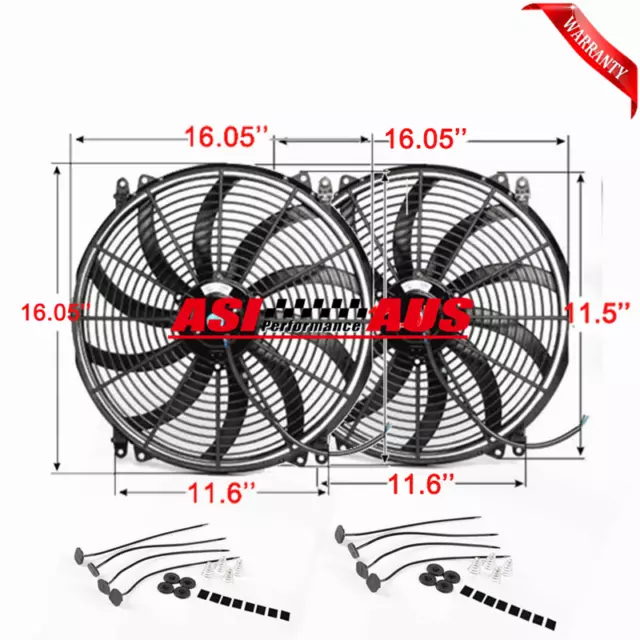 2PCS 16" Inch 12V Push Pull Electric Radiator thermo Fan & Mounting  Kit 1730cfm