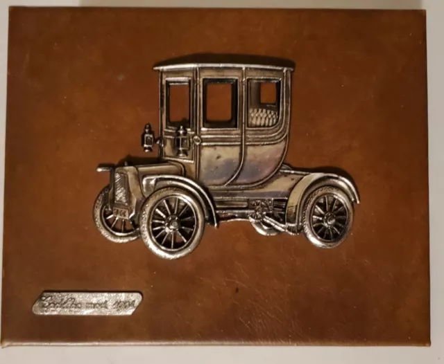 Vintage Cadillac Model 1904 Wall Hanging Tan Leather Silver Metal Made In Spain