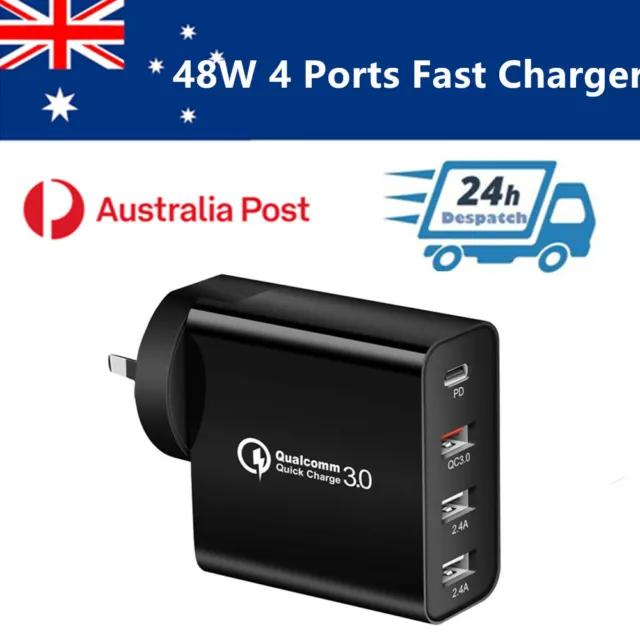 4 Ports QC3.0 48W PD Fast Charging Charger Multi USB + Type C Wall Plug Adapter