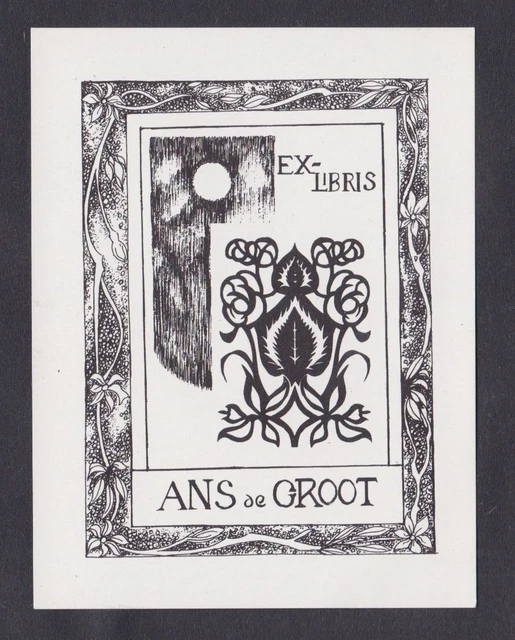 Exlibris für Ans de Groot / flowers Blumen roses Rosen Mond moon