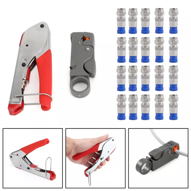 F-Type Compression Sertisseur Tool Coaxial Crimper + 20PCS RG6 Crimp Connecteur