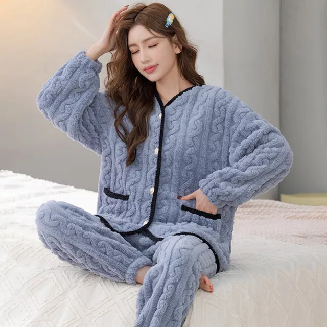 Cute Women Winter Warm Flannel Coral Velvet Pajamas Set Nightgown