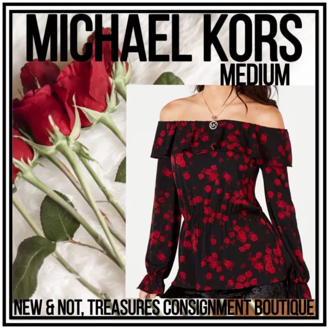 Michael Kors Off Shoulder Peplum Top Black Red Roses Size Medium EUC
