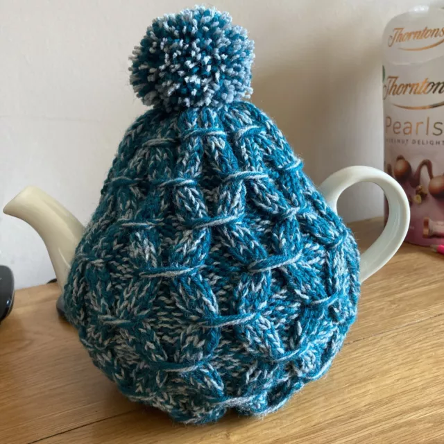 Hand Knitted Medium 6 Cup Tea Cosy Aqua Grey Pattern Bobble