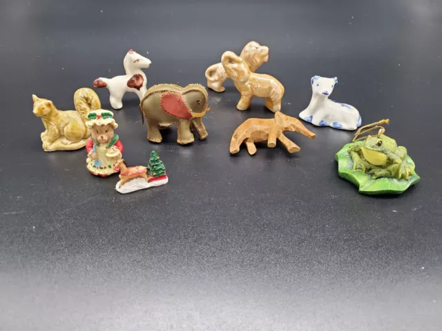 Mini Vintage Animal Figurines Lot of 10 ceramic wood elephant cow frog loin lot