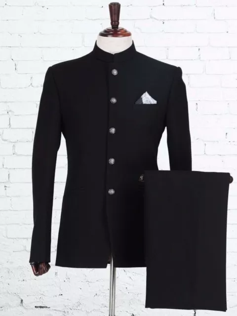 Mens Bespoke Black Jodhpuri Suit Groomsmen Wedding Party Wear Dinner Coat Pants
