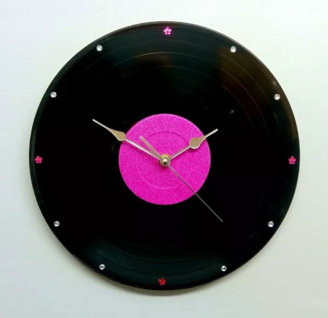 Hand Made Pink Glitter Real Record Wall Clock 12" LP Silver Hands Gift For Girl