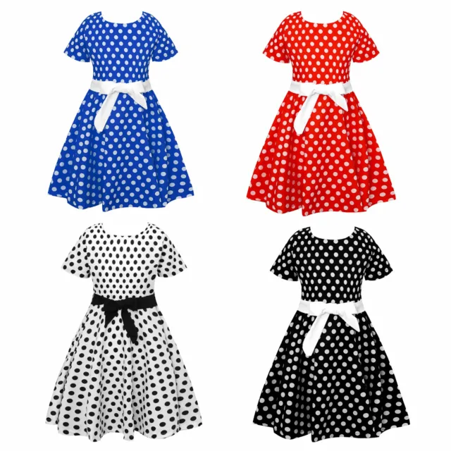 Kids Girls Baby Dress  Short Sleeve Party Polka Dot Print Dresses Bow knot Kids