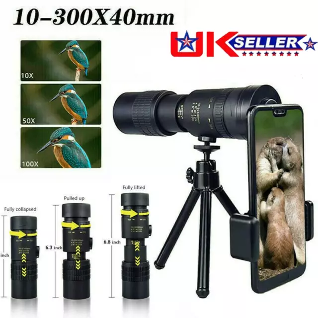 UK 4K 10-300X40mm Super Telephoto Lens Zoom Monocular Telescope Night Waterproof