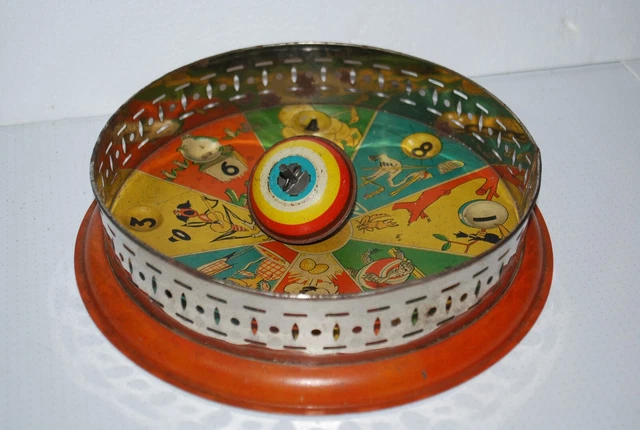 ANCIENNE TOUPIE JOUET Tôle Métal Décors Animaux Licorne Noté LBZ 1984