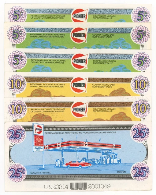 Pioneer Bonus Bucks Coupons Lot of 6 Gas Station #20607