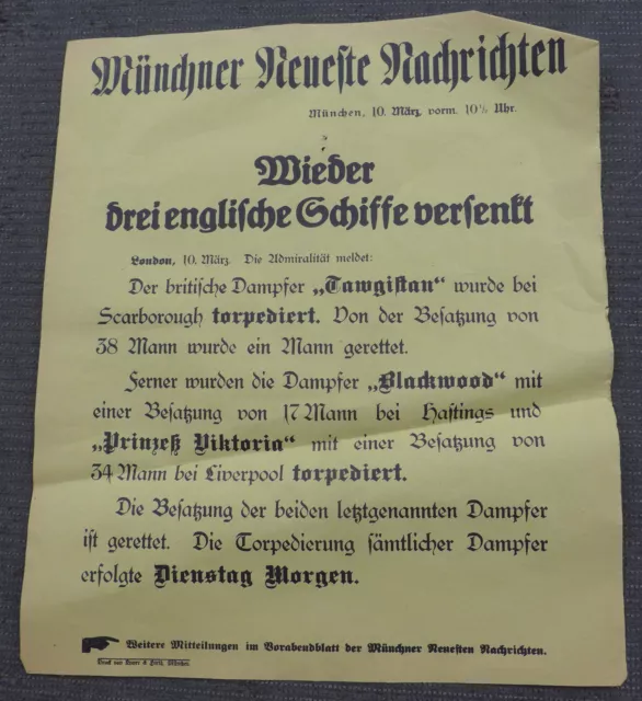 1. WK Plakat Tagesaufruf Aufmacher Münchner Zeitung 3 englische Schiffe versenkt