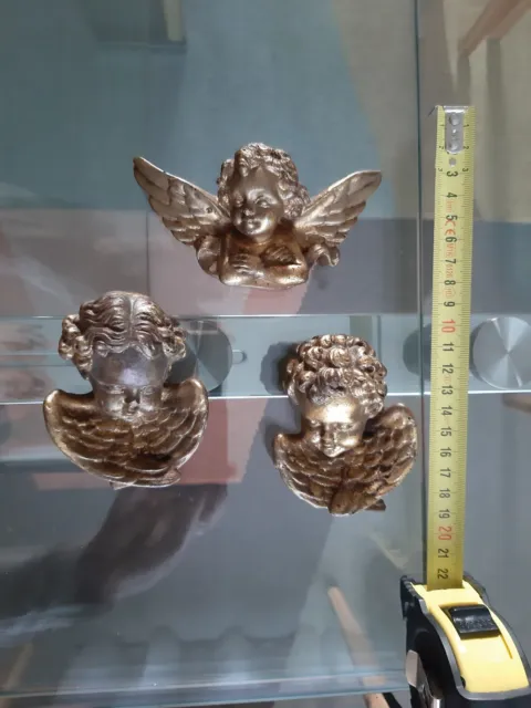 3 Petites têtes d'anges/chérubins/angelots décoratives en résine dorée, attaches
