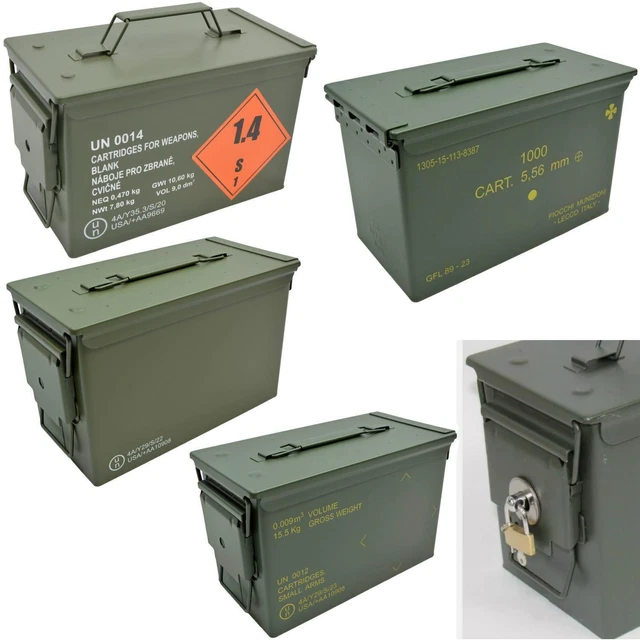 Scatola Munizioni Originale Esercito USA M2A1 Cal. 50/5,56 – Metallica, Impermeabile, Chiusura A Chiave