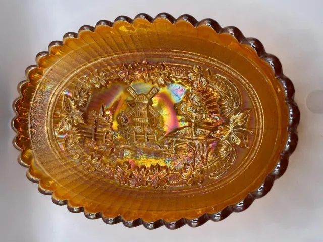 Vintage IMPERIAL Carnival Glass Windmill Dutch Marigold 8 1/2" Oval Bowl/Dish