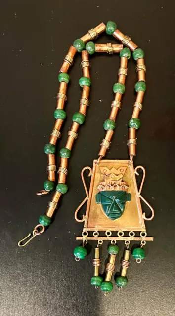 VTG Mexico Copper Brass Green Stone Aztec Mask Face Necklace Large Pendant 23"