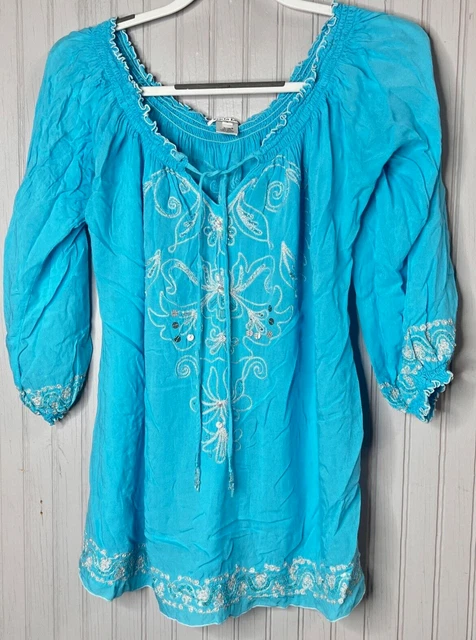 Krista Lee  Womens TOP L Turquoise White Embroidered Sequins Beaded Peasant