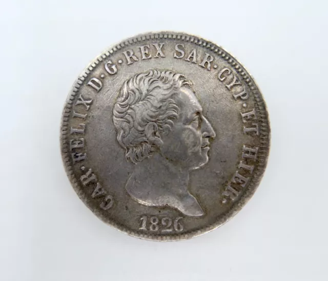 5 Lire 1826 Regno di Sardegna Re " Carlo Felice " Torino " Guter Zustand Silber