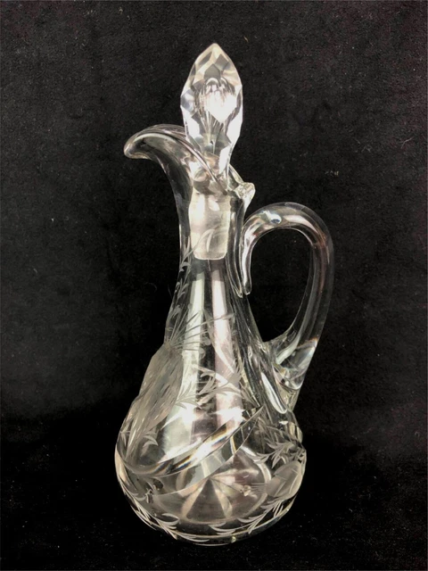Vintage Signed HAWKES Etched & Cut Crystal Glass Cruet w Teardrop Bubble Stopper