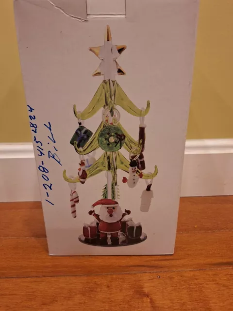 Glass Christmas Tree with Ornaments, Green, 8 Inch, Gift Box New Art Blown Glass