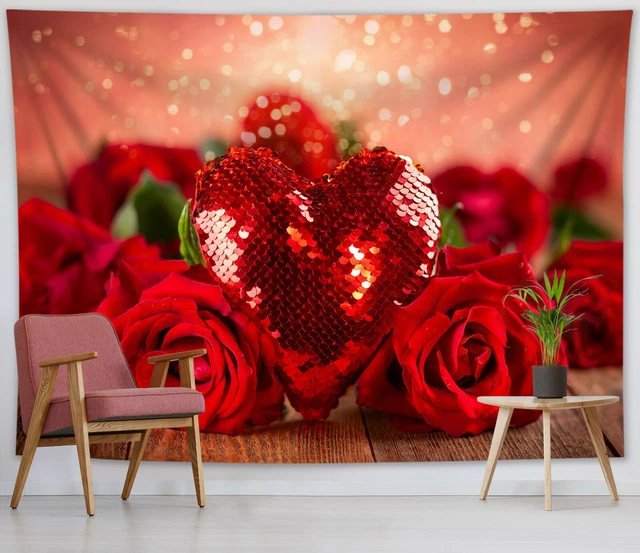 Red Heart Diamond Romantic Rose Tapestry Wall Hanging Blanket Bedroom Dorm Decor
