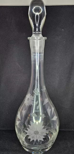 Handblown Romania Heavy Glass Decanter & Stopper Etched Pattern MCM