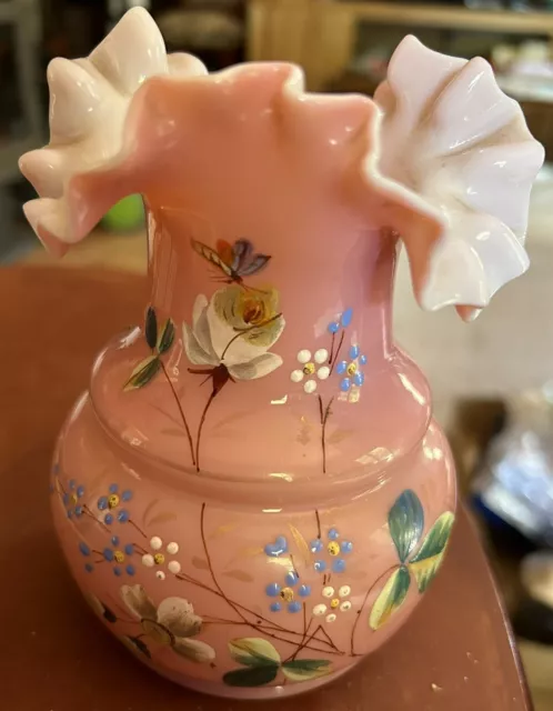 Pink Opaline Glass Vase, Ruffled Rim & Hand Painted