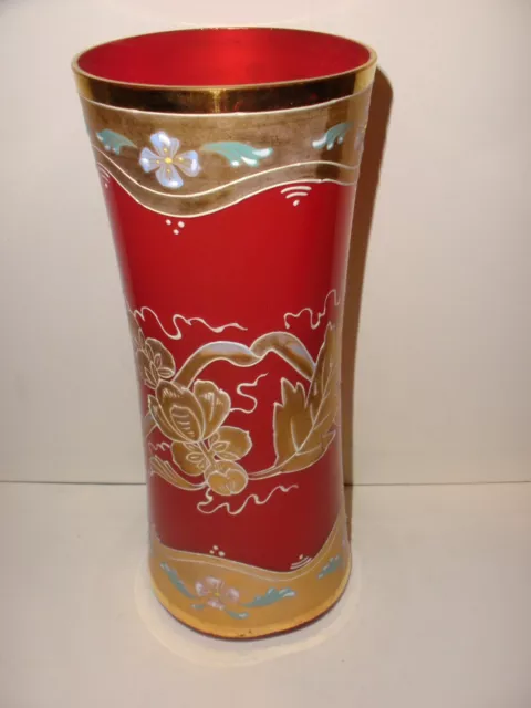 Antique Victorian Bohemian Moser enamel cranberry glass vase