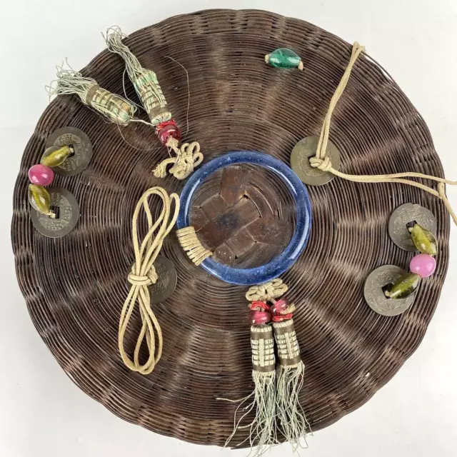 ANTIQUE VTG SEWING BASKET Lid Coins Chinese Bamboo Peking Glass Beads Decor