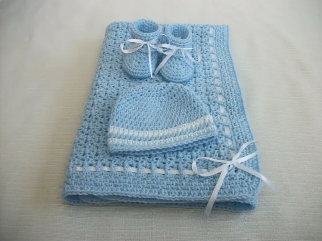 Crochet Baby Set- Blanket Hat Booties Infant 0-3m Handmade Shower Gift Baby Boy