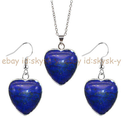 Natural Blue Lapis Lazuli Heart Pendant Silver Chain Necklace Earrings Set 17''
