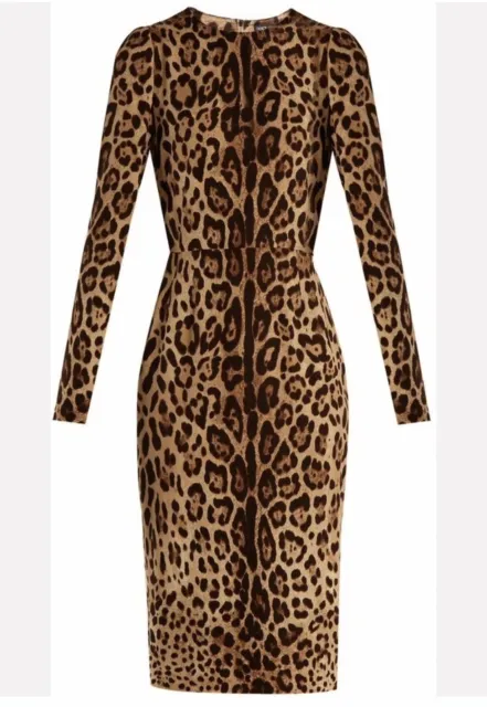 Dolce&Gabbana Animal Leopard Print Bodycone Midi Pencil Silk Dress Long Sleeves