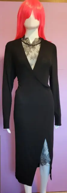 BCBG Maxazria Black V Neck Asymmetrical Lace Trim Wrap Dress Original $298.