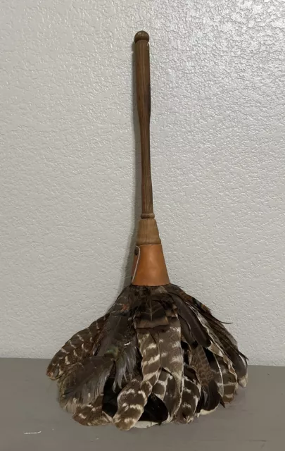 Vintage Primitive Real Turkey Feather French Maid Duster With Wooden Handle