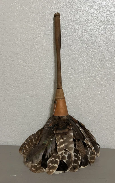 Vintage Primitive Real Turkey Feather French Maid Duster With Wooden Handle