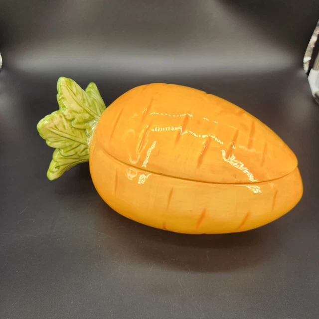 Orange Glazed Ceramic Large Carrot Cookie  Jar Sealed Lid Green Top KITCH GARDEN