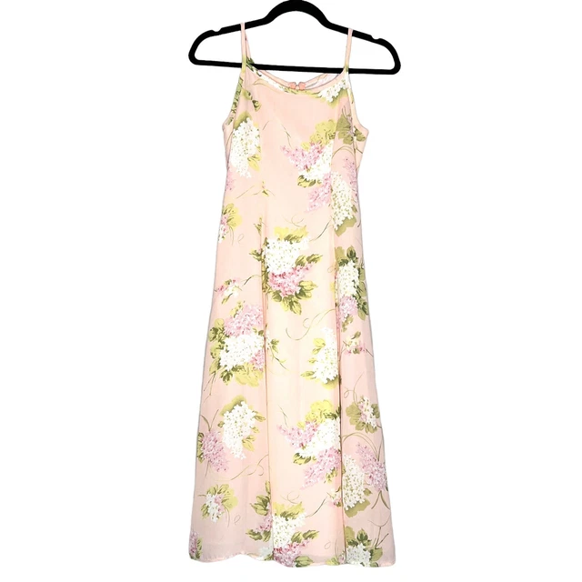 Vintage 90s Girls Storybook Heirloom Peach Pink Floral Midi Lined Dress Size 10?