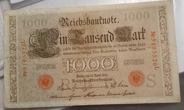 altes Geld, Reichsbanknote 1000 Mark  von 1910